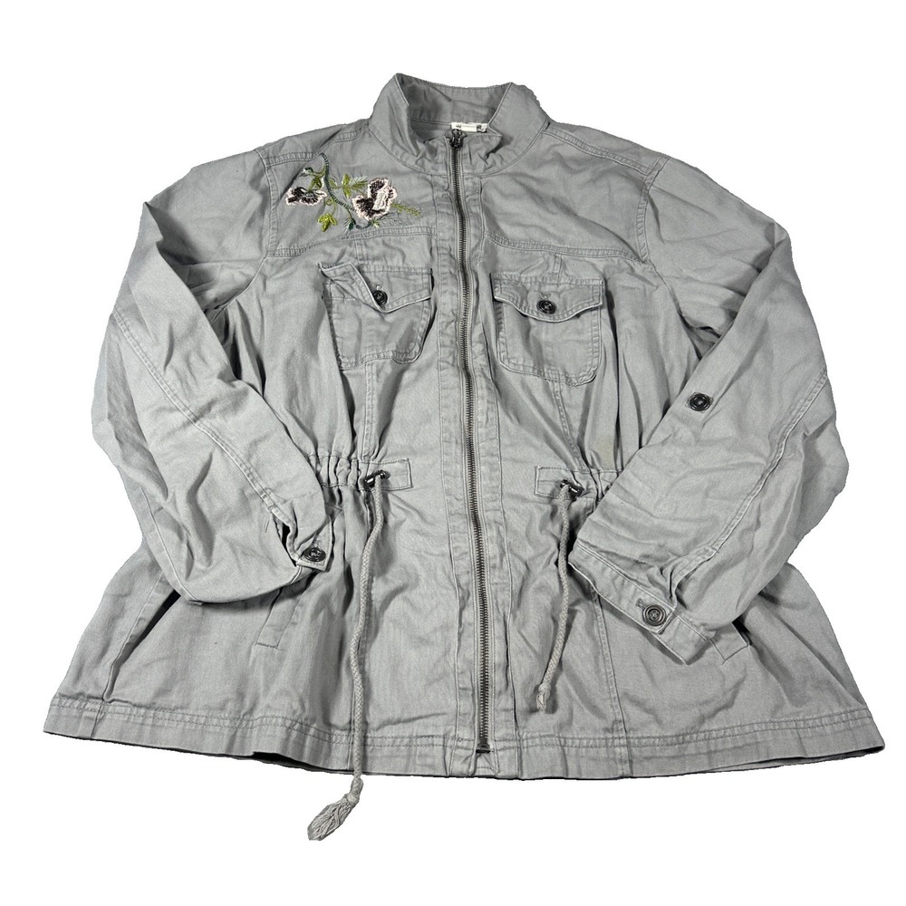 WESTPORT Women's Gray Flower Embroidered Cargo Jacket Size 1X 100% Cotton Denim